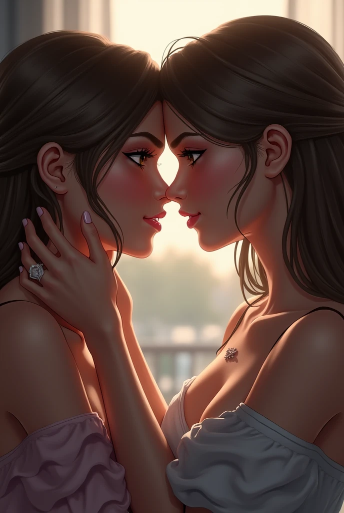 Two women with their faces pressed against each other.