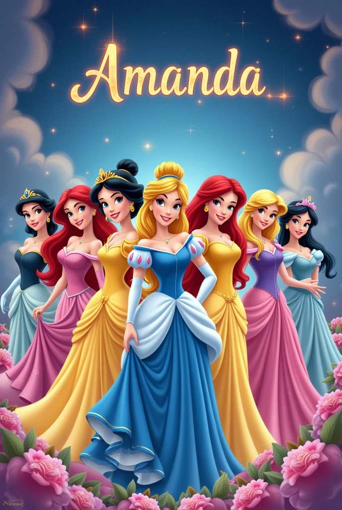 Create an image with all the princesses highlighted by the name Amanda