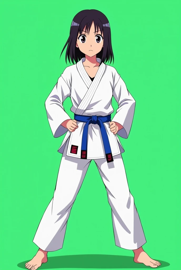 A karate teen girl in karate uniform in white dress and blue belt standing in straight Stance towards the screen and the background is green full screen size in anime style and in straight pose towards straight to the screen full size image, straight arms and leg
