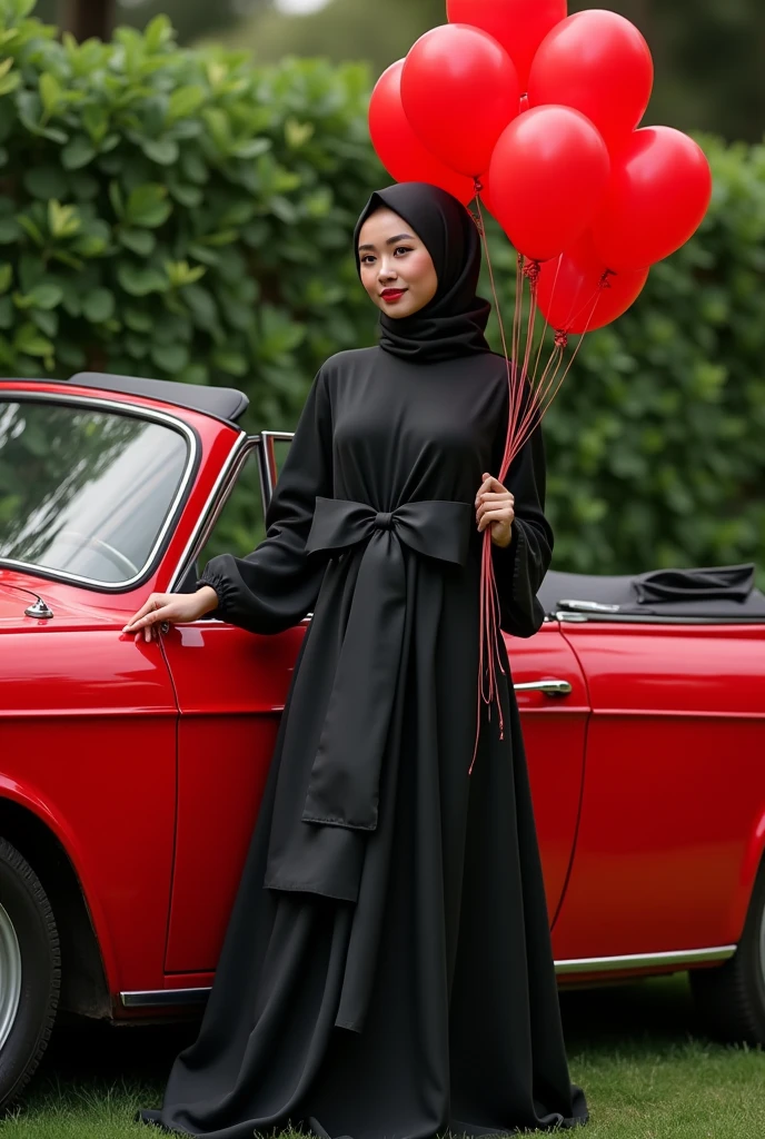 Create an elegant, stylish scene featuring a woman in a sophisticated evening casual abaya gown with a large black bow standing next to a vibrant red vintage car. She should be holding a bunch of red balloons, adding a festive touch to the image. The background should display a lush, green garden or park setting, emphasizing a sense of luxury and celebration.”