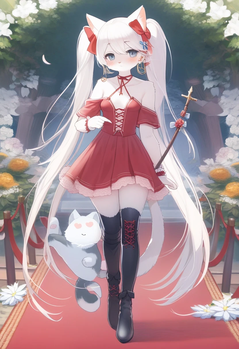 ((Masterpiece)), ((Best Quality)), (Very Detailed), ((Very Detailed)), 4K, (8K), very aesthetic, absurdres highres, 1 woman, (anthropomorphic cat, furry, kemono:1.5), solo, boots, twintails, knee boots, long hair, looking at viewer, weapon, heart, full body, jewelry, standing, polearm, bow, dress, blush, earrings, holding, bare shoulders, white hair, black footwear, holding weapon, standing on one leg, hair bow, frills, heart earrings, holding polearm, breasts, grey eyes, pink bow, parted lips, spear, skirt, very long hair, off shoulder, blue eyes, indoors, red bow, hand up, wrist cuffs, water, brooch, lace-up boots, cross-laced footwear, flower, pink footwear, red carpet, red footwear, red skirt, short dress, small breasts, strappy heels, tree, explicit, masterpiece, best quality, very aesthetic, absurdres