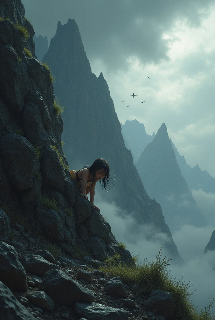a helpless child crawling to the peak of a mountain