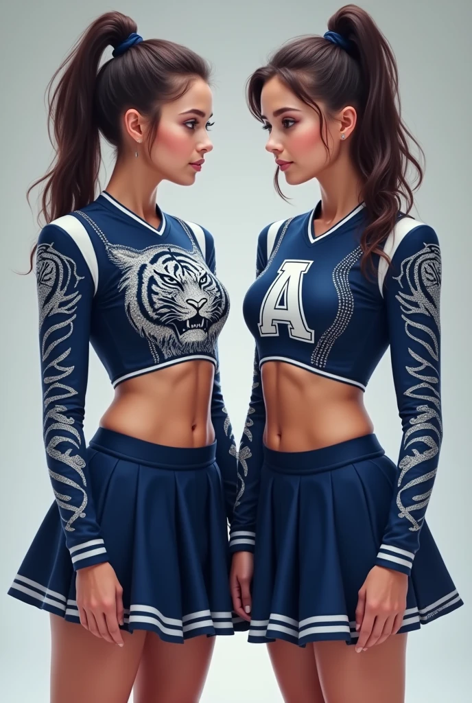 A stylish yet modest cheerleading outfit that represents a white tiger with the colors dark blue and glittery silver with the two models one facing the front and one facing the back showing it make the sleeves the tiger’s pattern but instead make it dark blue with rhinestone and a cute mini skirt for the bottom make sure it’s school appropriate and the chest part should have the letter A embodied on it