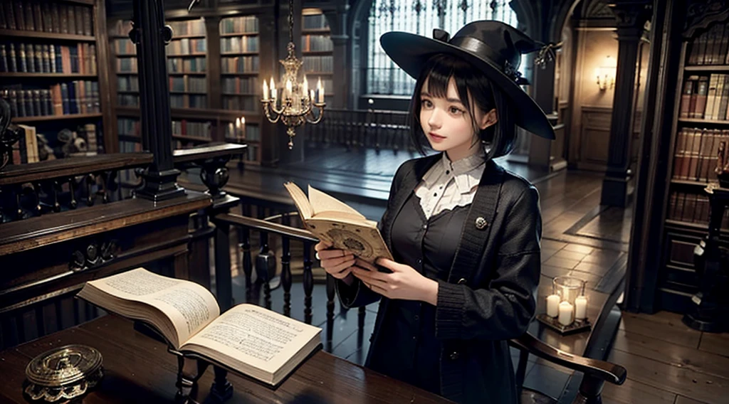 One woman reading a grimoire at a seat in a fantastic library, Black Hat, Black Boots, Black Long Cardigan, White dress, Black hair, Short bob