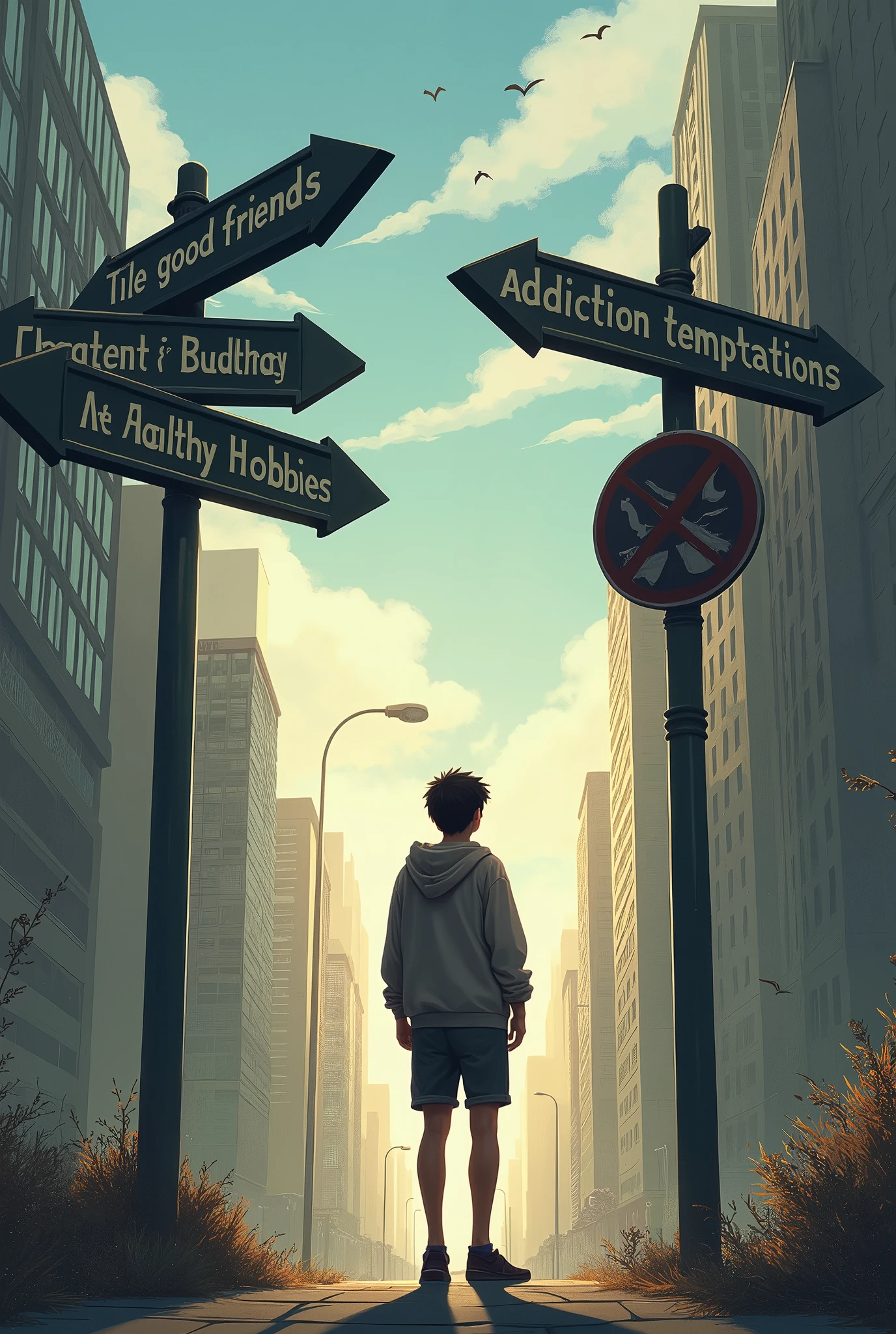 A scene of an Iranian teenager standing at a crossroads in life. The teenager is surrounded by multiple signposts pointing in different directions. One sign reads 'Good Friends' with a bright and welcoming path, another reads 'Healthy Hobbies' showing a path filled with sports, music, and creativity, and the last sign reads 'Addiction Temptations' with a dark and ominous path. The environment should reflect an urban setting, and the teenager appears thoughtful, contemplating his choices