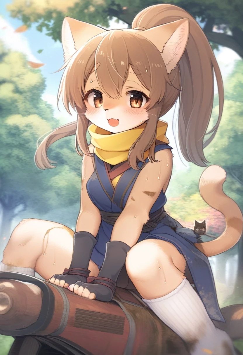 ((Masterpiece)), ((Best Quality)), (Very Detailed), ((Very Detailed)), 4K, (8K), very aesthetic, absurdres highres, 1 woman, (anthropomorphic cat, furry, kemono:1.5), brown hair, brown eyes, fingerless gloves, scarf, gloves, ponytail, yellow scarf, frog, dirty, dirt, tree, looking at viewer, outdoors, solo, boots, high ponytail, socks, v-shaped eyebrows, sweat, ninja, bow, child, injury, closed mouth, long hair, riding, day, japanese clothes, nature, flower