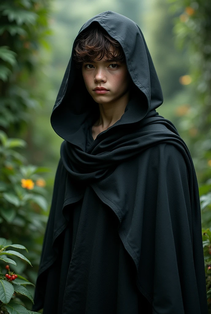 a fifteen year old young chinese eurasian with short wavy brown hair in a black cloak the cape over his head and make his eyes colder but his face pretty slightly fuller and standing in a garden