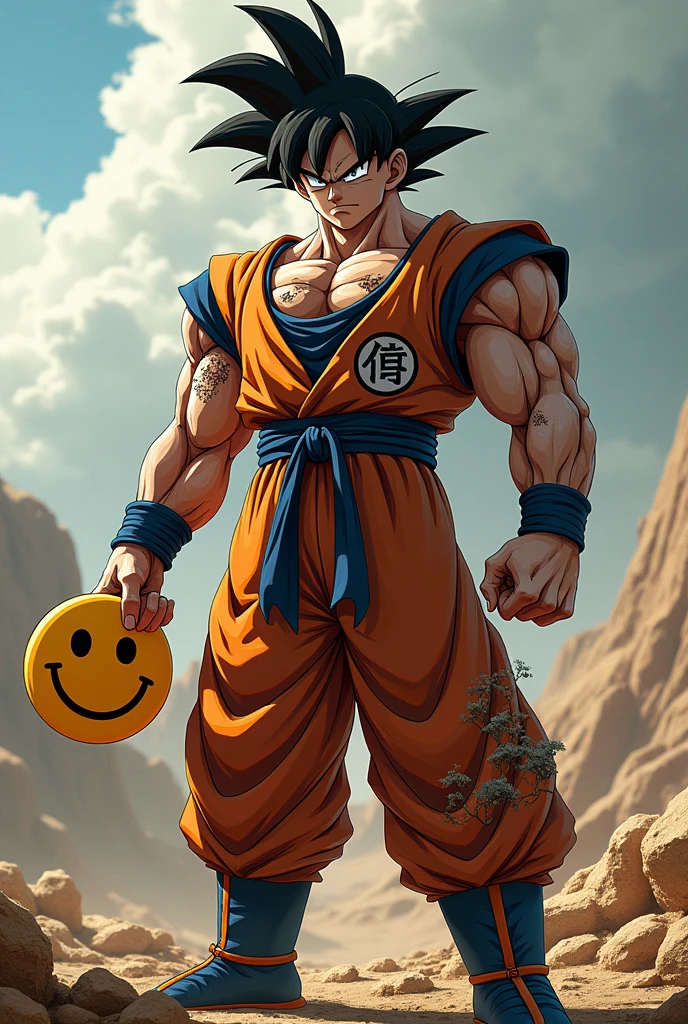 Goku standing with damaged body and holding smiley face mask on his face
