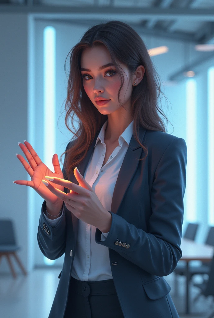 A smart young woman as if she were a digital influence gesturing looking forward