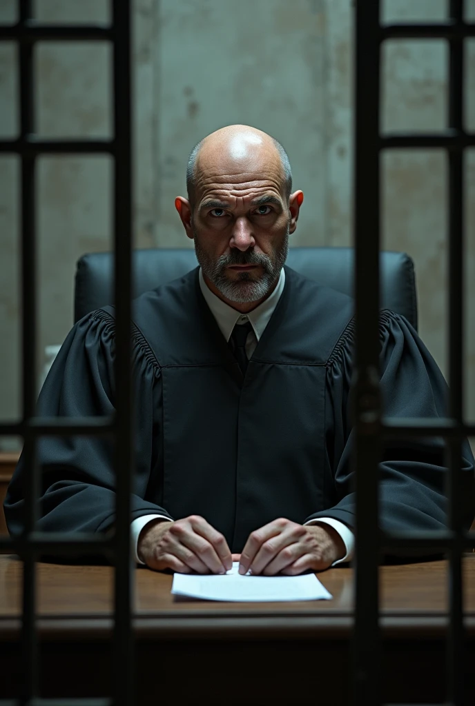 create a bald prisoner judge, behind bars.
