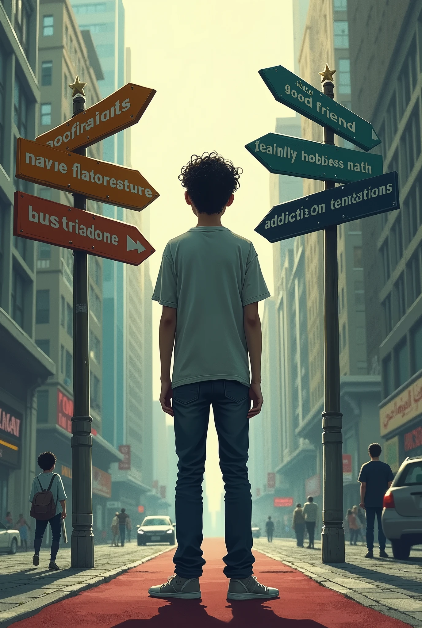A scene of an Iranian teenager standing at a crossroads in life. The teenager is surrounded by multiple signposts pointing in different directions. One sign reads 'Good Friends' with a bright and welcoming path, another reads 'Healthy Hobbies' showing a path filled with sports, music, and creativity, and the last sign reads 'Addiction Temptations' with a dark and ominous path. The environment should reflect an urban setting, and the teenager appears thoughtful, contemplating his choices