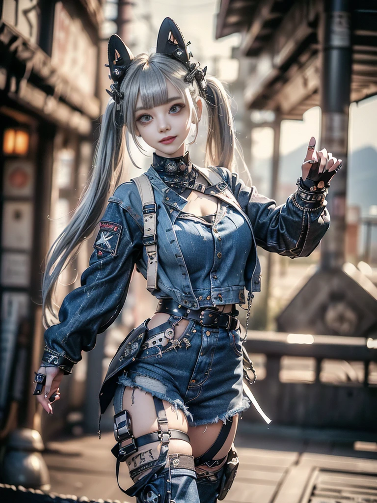 (Beautiful lips and nose:1.4)、(Long eyelashes:1.4)、(Smiling with teeth showing:1.3),(Shibuya Gal:1.5)、(A delicate neo-gothic embellished dress:1.5)、(Tattered denim and black punk rock cargo pants:1.5)、(Denim and black navy skull mark small jacket:1.4)、(denim garter belt:1.5)、(Black and denim knee socks:1.3)、(Skull Silver Accessories:1.5)、(Denim collar:1.3)、(Brown Skin Belt:1.4)、(Brown boots:1.2)、(The underwear is striped:1.4)、3、((Highest quality、In 8K、masterpiece:1.3))、Sharp focus:1.2、(Layered Cut、Huge boobs:1.1),Beautiful woman with perfect figure:1.4、(Dancing vigorously:1.3)、Slender Abs:1.2、Highly detailed face and skin texture、Detailed eyes、double eyelid,(Twin tails:1.3)、(Cream colored hair:1.3)、Gravure idol、(The background is a vast mountain with a clear view々Beautiful luxury resort destination in Europe:1.3)、(Slim Body:1.2),(Make your legs thinner:1.4),(clavicle:1.1)
