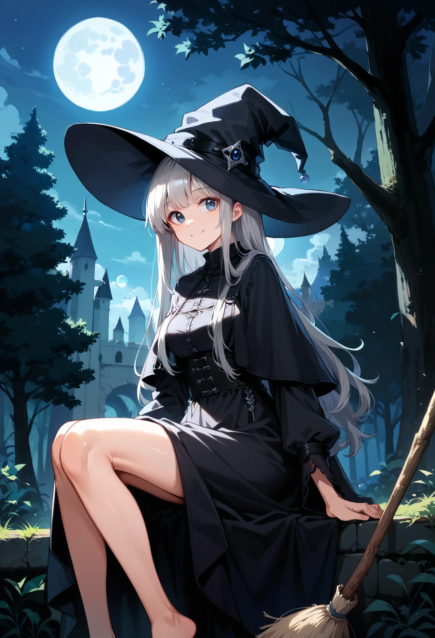 Anime girl with grey hair and black clothes holding a broom and in a forest next to a castle at night, alone girl, hat, solo, witch hat, blue eyes, moon, night, long hair, outdoor, sitting, tree, smiling, sky, full moon