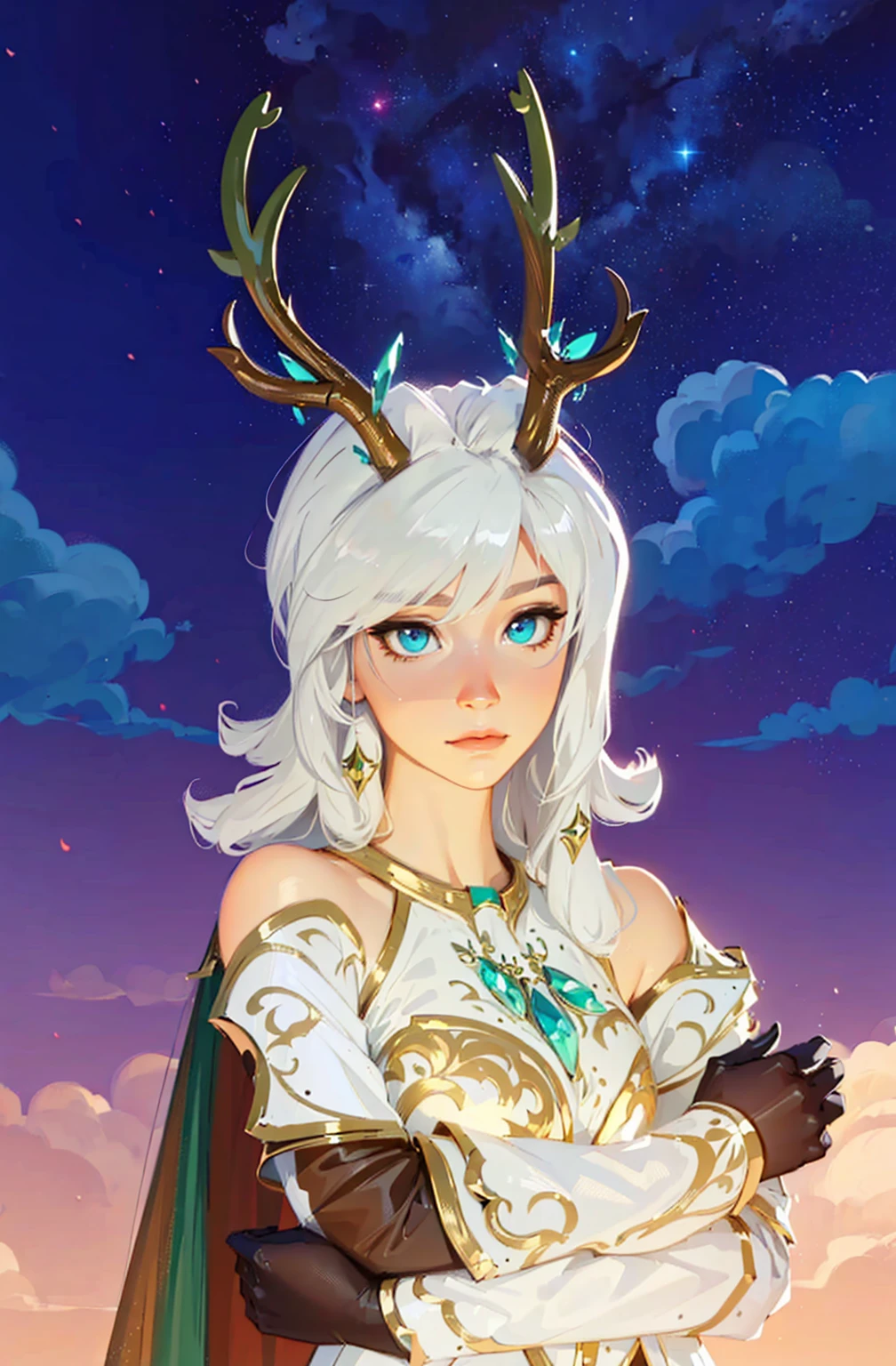 ((Best Quality, 8K, Masterpiece: 1.3)), best quality, ultra high res, texture, hyper realistic, masterpiece, detailed texture, detailed face, detailed skin, detailed lighting, (photorealistic:1.5), best quality, beautiful lighting, cinematic lighting, professional lighting, ultra highres, realistic, a woman with white hair and horns standing in front of a sky, the goddess artemis smirking, wearing one pair of glasses, portrait knights of zodiac girl, girl design lush horns, anthropomorphic deer female, anthropomorphic female deer, goddess of the hunt and the moon, inspired in kris from deltarrune, fey queen of the summer forest, avatar image, goddess of the hunt