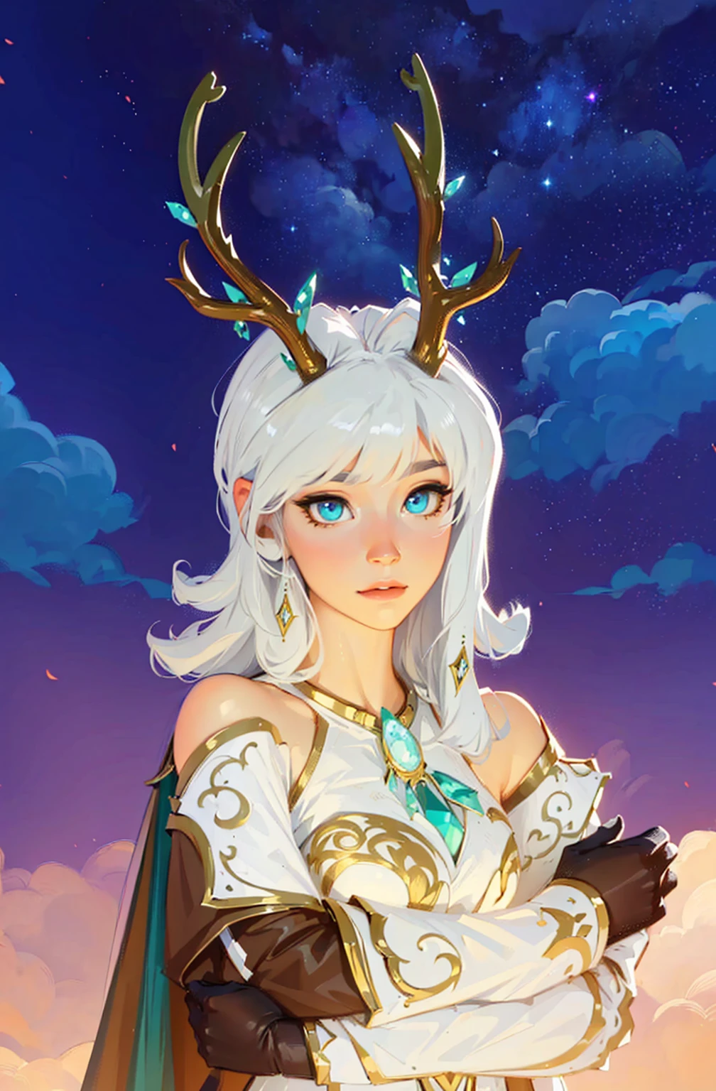 ((Best Quality, 8K, Masterpiece: 1.3)), best quality, ultra high res, texture, hyper realistic, masterpiece, detailed texture, detailed face, detailed skin, detailed lighting, (photorealistic:1.5), best quality, beautiful lighting, cinematic lighting, professional lighting, ultra highres, realistic, a woman with white hair and horns standing in front of a sky, the goddess artemis smirking, wearing one pair of glasses, portrait knights of zodiac girl, girl design lush horns, anthropomorphic deer female, anthropomorphic female deer, goddess of the hunt and the moon, inspired in kris from deltarrune, fey queen of the summer forest, avatar image, goddess of the hunt