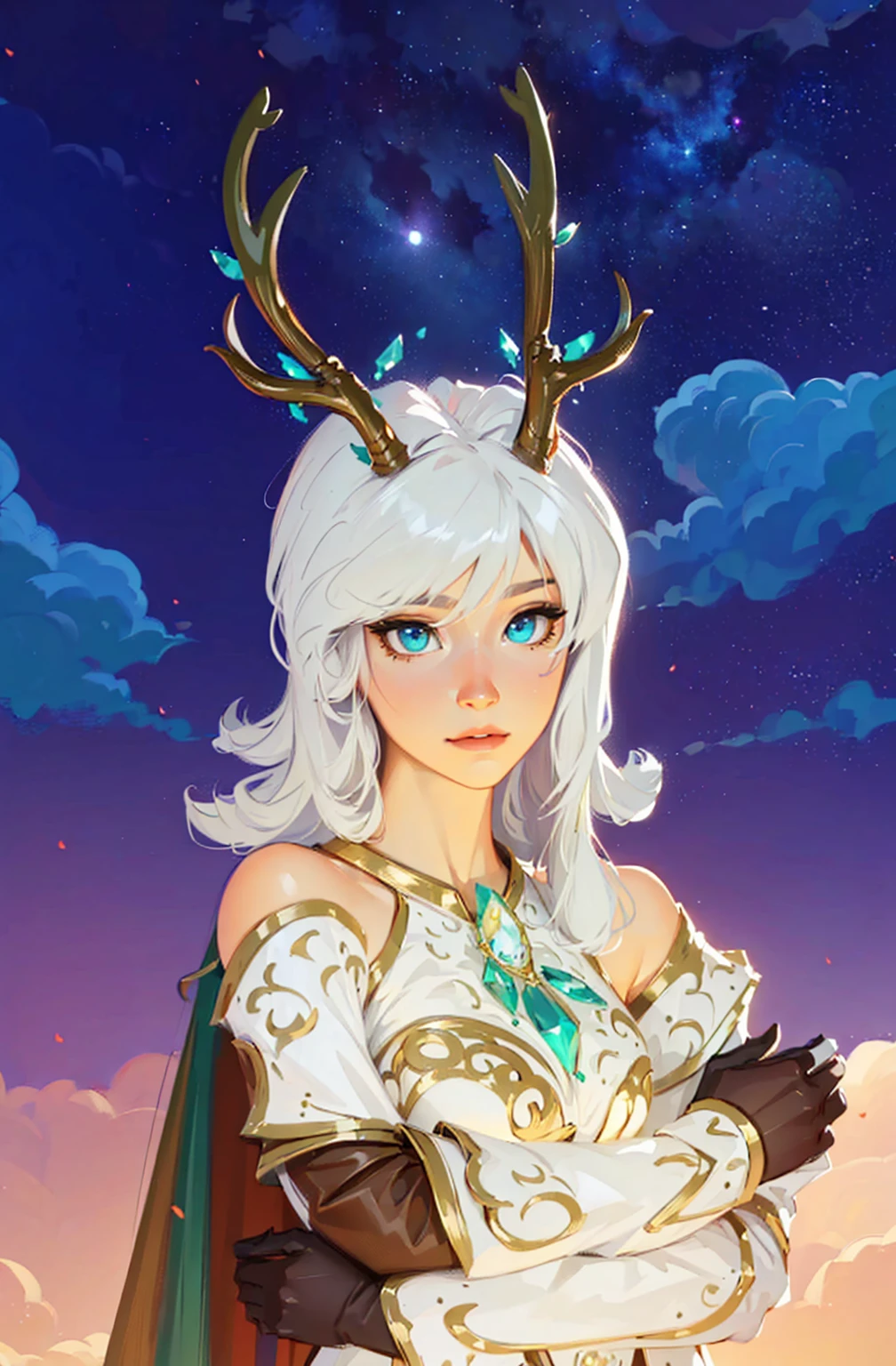 ((Best Quality, 8K, Masterpiece: 1.3)), best quality, ultra high res, texture, hyper realistic, masterpiece, detailed texture, detailed face, detailed skin, detailed lighting, (photorealistic:1.5), best quality, beautiful lighting, cinematic lighting, professional lighting, ultra highres, realistic, a woman with white hair and horns standing in front of a sky, the goddess artemis smirking, wearing one pair of glasses, portrait knights of zodiac girl, girl design lush horns, anthropomorphic deer female, anthropomorphic female deer, goddess of the hunt and the moon, inspired in kris from deltarrune, fey queen of the summer forest, avatar image, goddess of the hunt