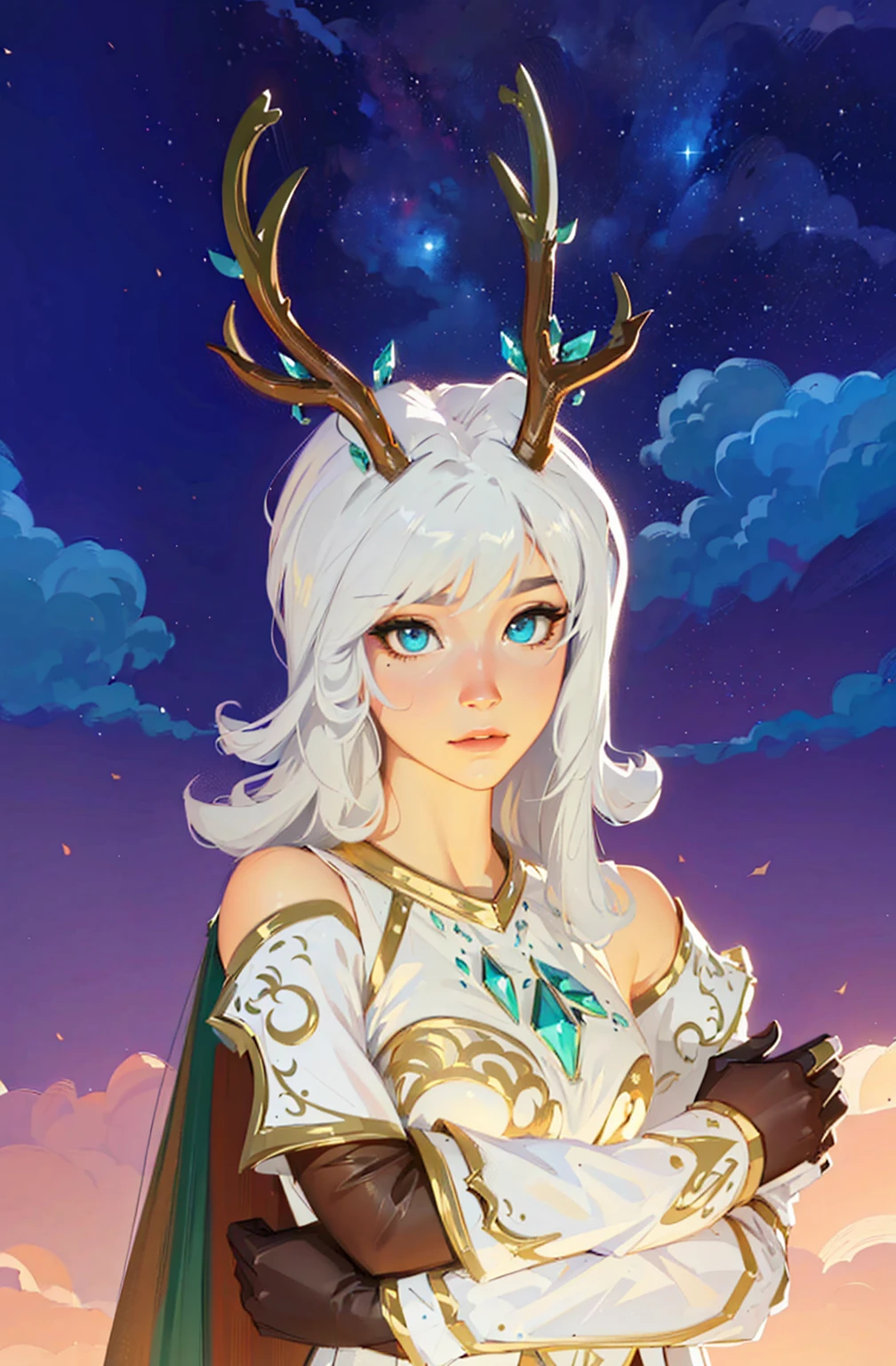 ((Best Quality, 8K, Masterpiece: 1.3)), best quality, ultra high res, texture, hyper realistic, masterpiece, detailed texture, detailed face, detailed skin, detailed lighting, (photorealistic:1.5), best quality, beautiful lighting, cinematic lighting, professional lighting, ultra highres, realistic, a woman with white hair and horns standing in front of a sky, the goddess artemis smirking, wearing one pair of glasses, portrait knights of zodiac girl, girl design lush horns, anthropomorphic deer female, anthropomorphic female deer, goddess of the hunt and the moon, inspired in kris from deltarrune, fey queen of the summer forest, avatar image, goddess of the hunt