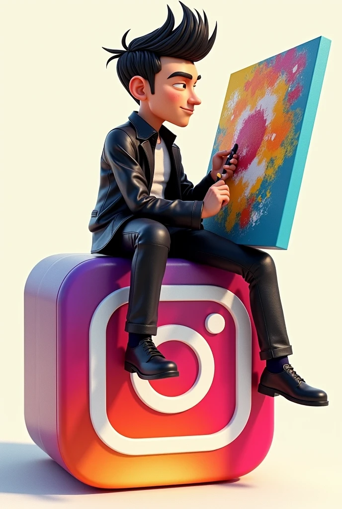 Create a 3D illustration of an animated mail Sketch Artist character sitting casually on top of a social media logo "Instagram" And creating a painting.increase the size of painting
The character must wear leather jacket and black formal pant.
Convert the hairstyle into "modern mullet"