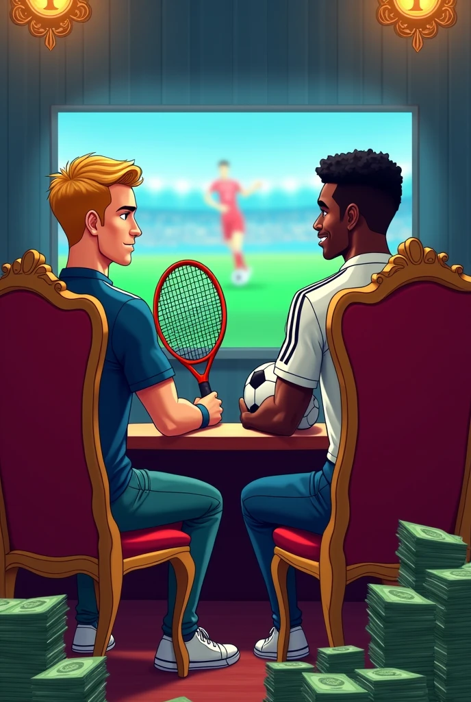 Créer une image pour le paris sportif . Il est censé y avoir deux  homme sur la photo, un de race blanche et l autre de race noire. est&#39 un porte une tenue de tennis  et l autre porte une tenue de foot avec ecrit sur le maillot floqué RONALDO que dans le dos du maillot  . Devrait-il porter une magnifique pièce d&#39;argent. Dans la main gauche, il devrait avoir une raquette de tennis  et l autre un ballon . sur l&#39;image, vous devriez voir une tele avec du sport  en arrière-plan , il devrait y avoir des liasses de billets partout dans la piece , il devrait y avoir des fauteuils de roi dont lequel sont assis les deux hommes  rester, et le tout devrait être en dessin animé et bien mettre une personne de race blanche et l'autre de race noire. , La personne blanche est blonde sans barbe , les deux  hommes sont vue  de dos 