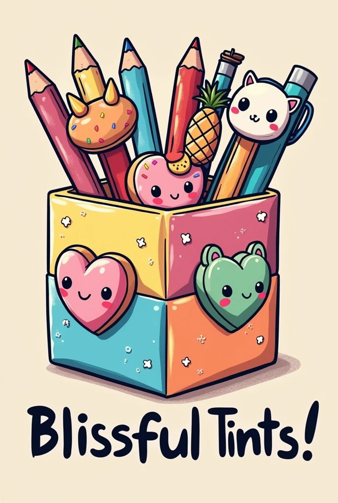 "Create a detailed cartoon-style illustration with fine, delicate strokes, aimed at female and age audiences. The artwork must represent a colored cubic pencil holder, with three visible sides. Each side of the pencil holder should be divided into vertical blocks with the colors yellow, blue and pink, and contain a 3D heart with a smiley face, olhos grandes e brilhantes, rosy cheeks, and a small black nose. Inside the pencil holder, Add a variety of pens and pencils with fun decorative tops, SOM: A pink donut with frosting and colorful sprinkles. A red bag of chips with eyes and a smile. A pink dinosaur with white outlines. Um coração verde de cacto com um sorriso e rosy cheeks. A panda with a cute expression and big, bright eyes. A blue pompom with blue cat ears and a happy face. Um pincel com cabo colorido em blue and pink, and realistic brown bristles. Also include paper clips positioned underneath the pencil holder.: a pink clip with a smiling pineapple ornament and a blue clip with a smiling orange ornament. Below the pencil holder, adicione o texto 'Blissful Tints!!' in a light and fun handwritten font, In the black color. Use a vibrant, saturated color palette, with soft shadows to give slight depth to the elements. Make sure the illustration has a high school, summer vibe, transmitting fun and creativity. The artwork must be suitable for shirt printing, maintaining an organic distribution and avoiding rigid rectangular shapes." ((Squishmallows must appear somehow interacting interactively with the illustration))