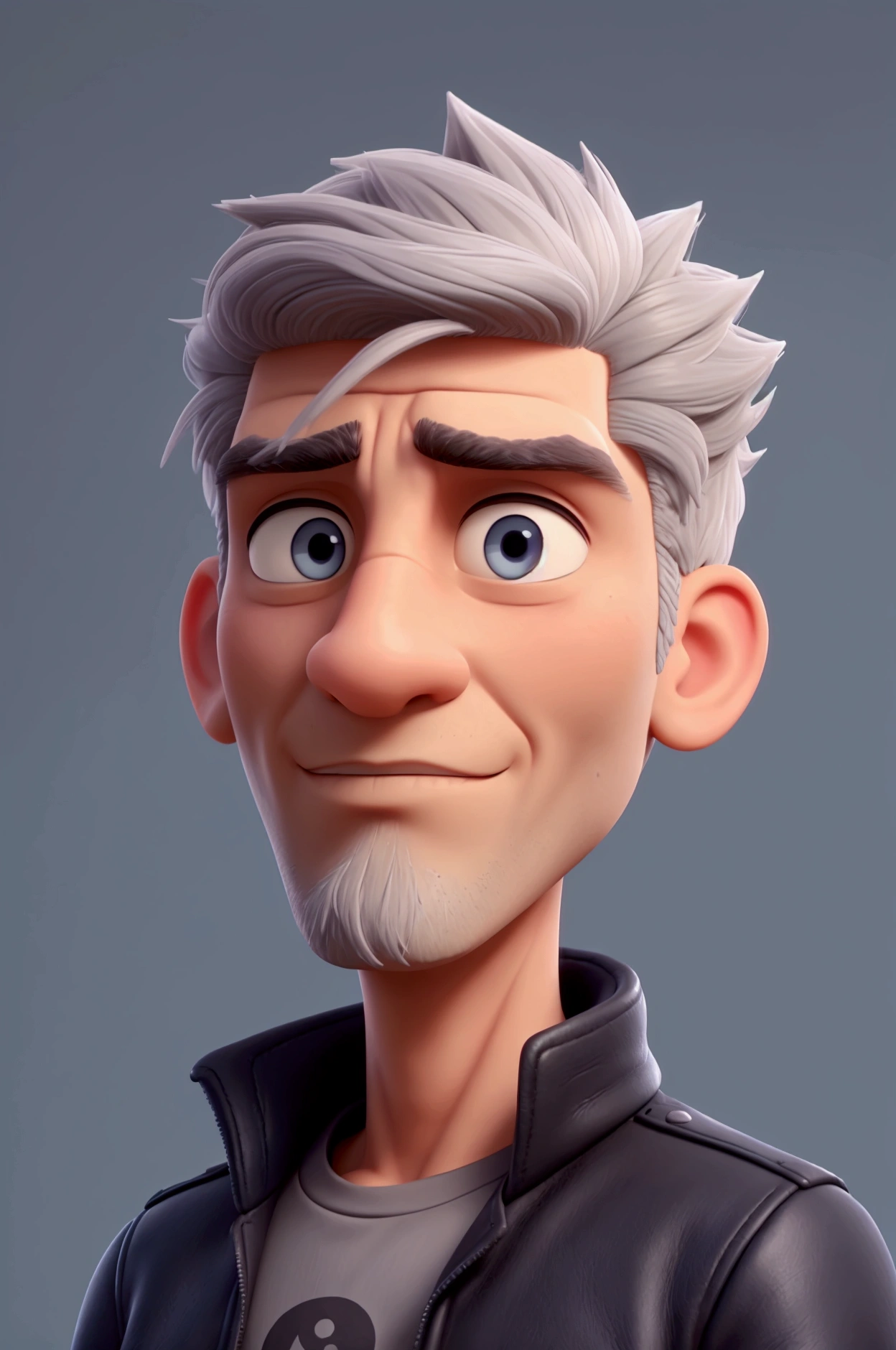 Close up of male character with side swept grey hair style, fierce face style, wearing a dark black leather jacket on a plain blue background