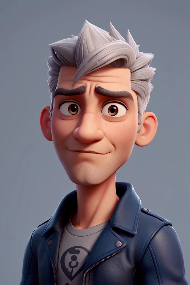 Close up of male character with side swept grey hair style, fierce face style, wearing a dark black leather jacket on a plain blue background