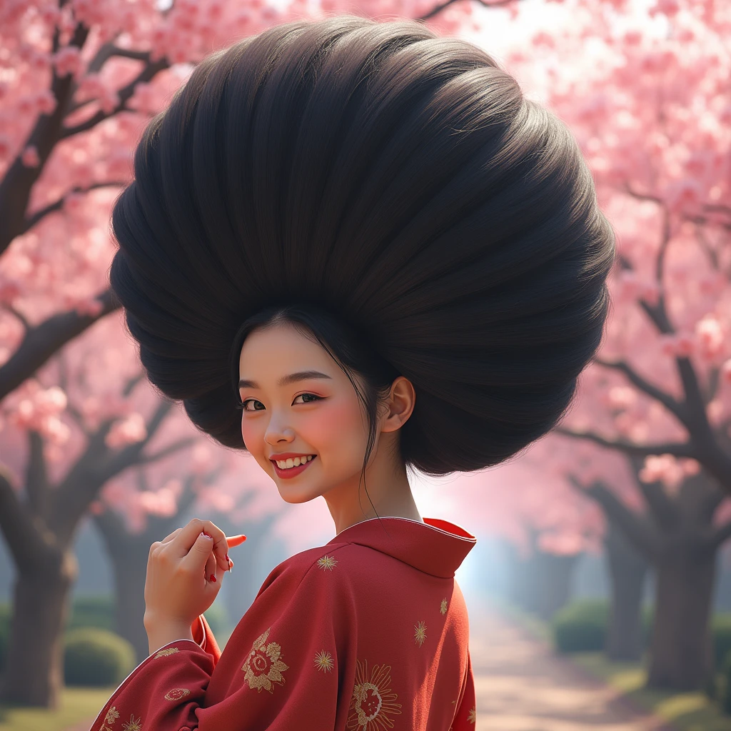   Masterpiece, Best Quality, High Resolution, High Details, Super Detailed, High Quality, Textured Skin, UHD, beautiful Japanese woman,((full body shot)),from head to toe,with a very big hair bun, the size of her bun is 8 times the size of her head,very big very big hair bun traditional Javanese hair bun,circle bun,shiny black hair,,wearing kimono,very big chest ,both hands holding a bun,sakura tree atmosphere,laugh, ((looking back over shoulder ))