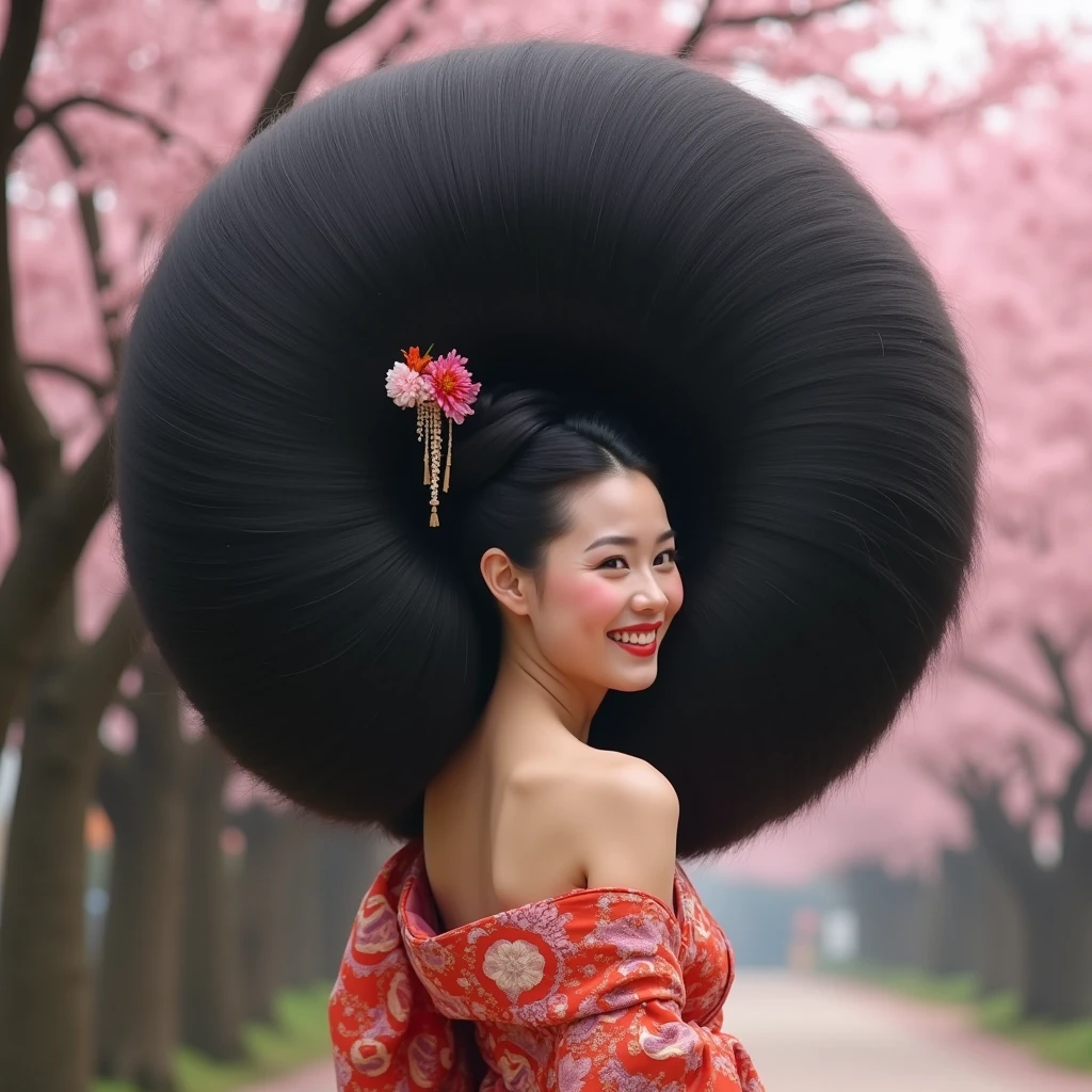 Masterpiece, Best Quality, High Resolution, High Details, Super Detailed, High Quality, Textured Skin, UHD, beautiful Japanese woman,((full body shot)),from head to toe,with a very big hair bun, the size of her bun is 8 times the size of her head,very big very big hair bun traditional Javanese hair bun,circle bun,shiny black hair,,wearing kimono,very big chest ,both hands holding a bun,sakura tree atmosphere,laugh, ((looking back over shoulder ))