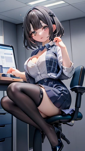 Highest quality, flying debris、Beautiful woman、officeレディー、Black Hair、(Brown eyes、Big Breasts、Blunt bangs)、short hair、チェック柄のダークブルーのofficeスーツ)、new employee,Full Body Shot、Female office lady、break(Dark blue checked vest、White dress shirt、Navy blue long tight pencil skirt:1.2)、(Black knee-highs、High heels)、break(office:1.3)、Cleavage、Shirt buttons fly off、garter belt