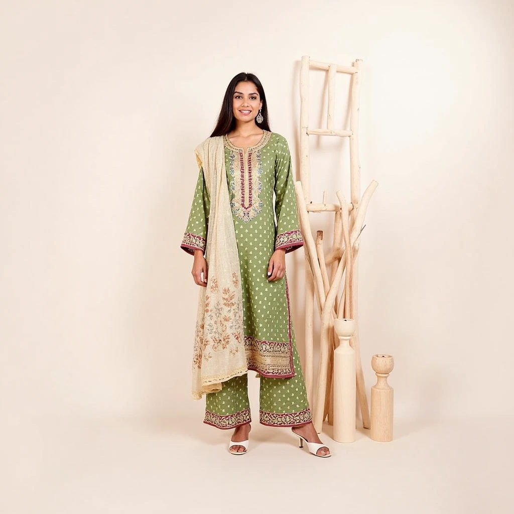 young woman wearing a sapphire unstitched lawn suit. The outfit consists of a green kurta with intricate gold embroidery on the neckline and sleeves and small floral pattern on whole kurti. The kurti is paired with a pair of matching trouser, flared style. The dupatta is draped over the woman one shoulder and has a light golden embroidery with a floral motif. She has long silky open hair. The woman is standing in front of a plain brown studio background and is looking directly at the camera with a beautiful face having little smile. There some different kind of wooden pieces placed in background.