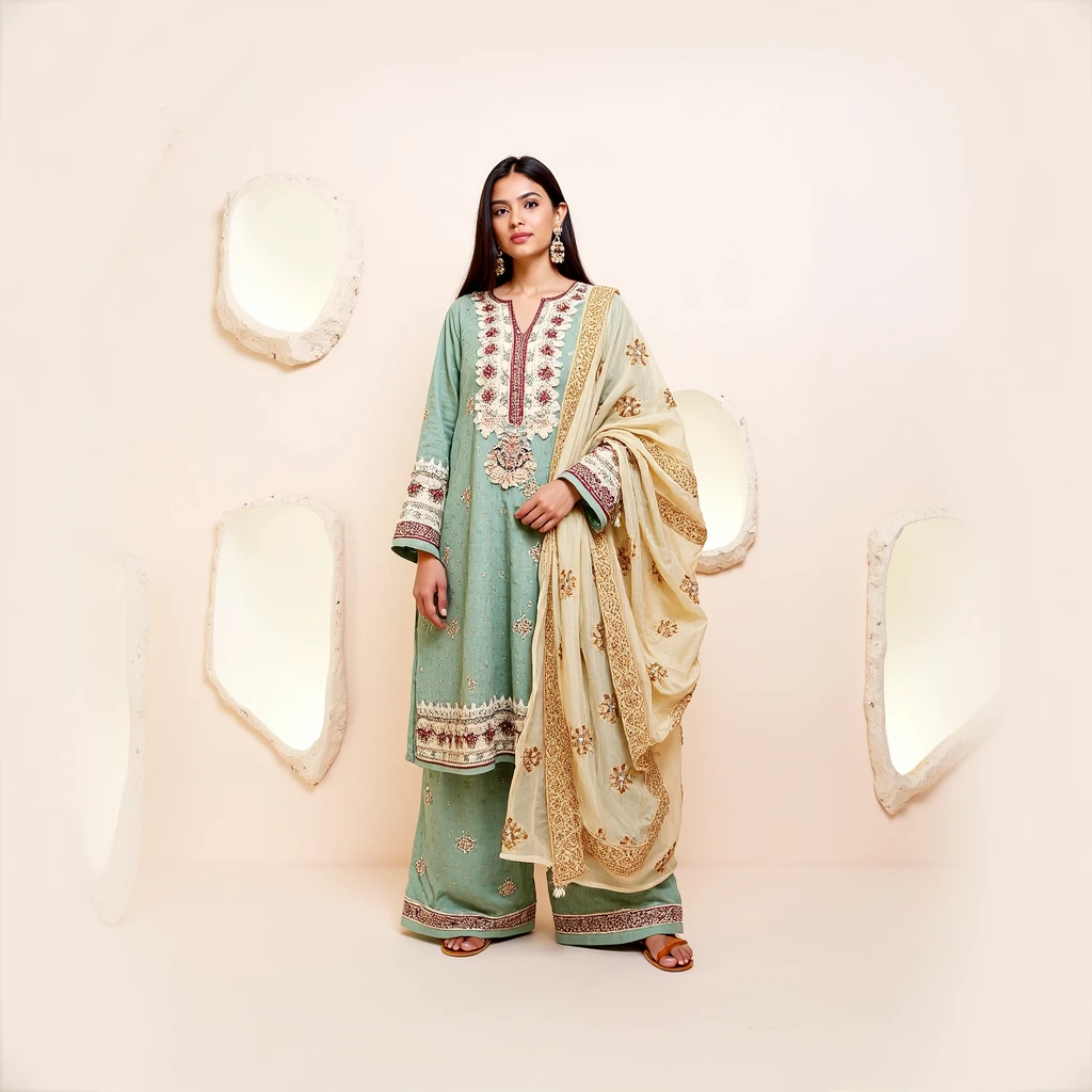 young woman wearing a sapphire unstitched lawn suit. The outfit consists of a green kurta with intricate gold embroidery on the neckline and sleeves and small floral pattern on whole kurti. The kurti is paired with a pair of matching trouser, flared style. The dupatta is draped over the woman one shoulder and has a light golden embroidery with a floral motif. She has long silky open hair. The woman is standing in front of a plain brown studio background and is looking directly at the camera with a beautiful face having little smile. There some different kind of wooden pieces placed in background.