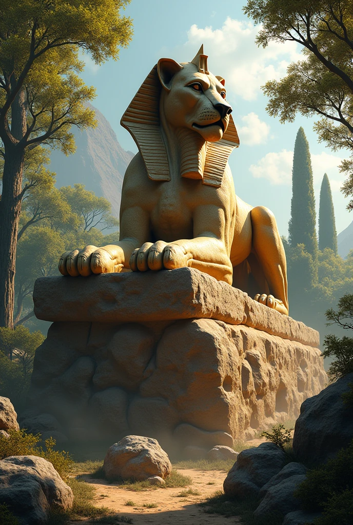 Realistic Sphinx of Thebes on top of a rock with the sun's rays illuminating its body. Behind it you can see a forest..
