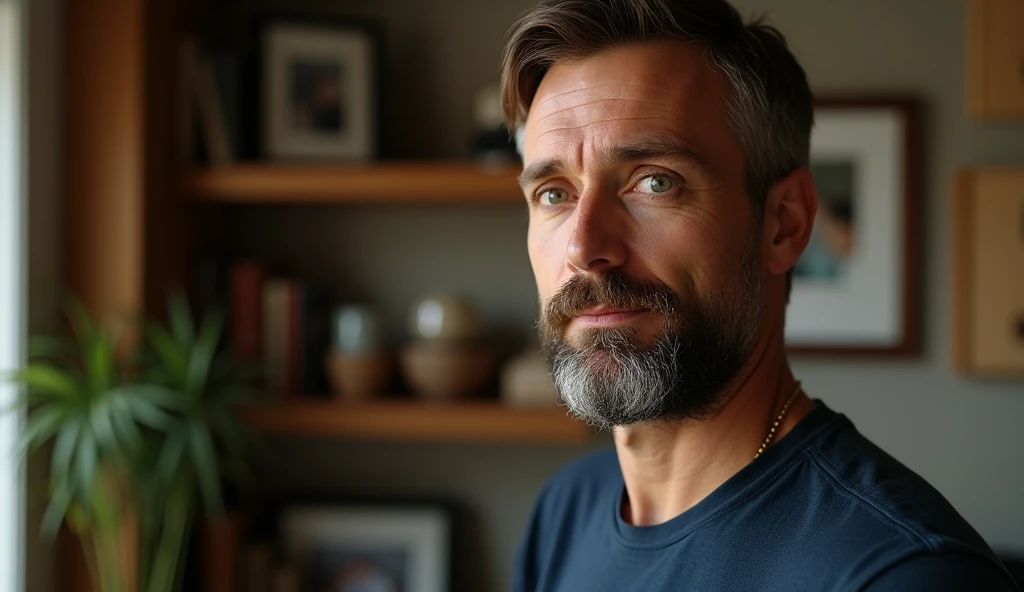 An ultra-realistic portrait of a man in his 40s. He has brown hair, a neatly trimmed beard and green eyes that reflect determination and curiosity. His face is well defined and his expression suggests concentration. He is wearing a dark blue casual shirt. The man is in a home office, surrounded by bookshelves and family photos. He is standing sideways to the camera and facing a wall looking at a built-in safe and a board removed next to it. The environment should be visible, but blurred so as not to distract from the main subject. The lighting should be soft and diffused, with a warm light coming from above, creating subtle shadows that accentuate the man's expression of concentration. The light should highlight the green eyes and the texture of the skin, emphasizing the seriousness of the situation. The image should convey a sense of determination and curiosity, with a touch of mystery. Suggest a warm color palette, such as browns and golds, that complements the warm atmosphere of the office. The photo should be of high quality, with 8k rendering and extreme detail, maintaining the desired atmosphere and capturing the emotional essence of the moment.