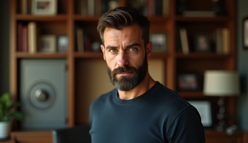 An ultra-realistic portrait of a man in his 40s. He has brown hair, a neatly trimmed beard and green eyes that reflect determination and curiosity. His face is well defined and his expression suggests concentration. He is wearing a dark blue casual shirt. The man is in a home office, surrounded by bookshelves and family photos. He is standing sideways to the camera and facing a wall looking at a built-in safe and a board removed next to it. The environment should be visible, but blurred so as not to distract from the main subject. The lighting should be soft and diffused, with a warm light coming from above, creating subtle shadows that accentuate the man's expression of concentration. The light should highlight the green eyes and the texture of the skin, emphasizing the seriousness of the situation. The image should convey a sense of determination and curiosity, with a touch of mystery. Suggest a warm color palette, such as browns and golds, that complements the warm atmosphere of the office. The photo should be of high quality, with 8k rendering and extreme detail, maintaining the desired atmosphere and capturing the emotional essence of the moment.