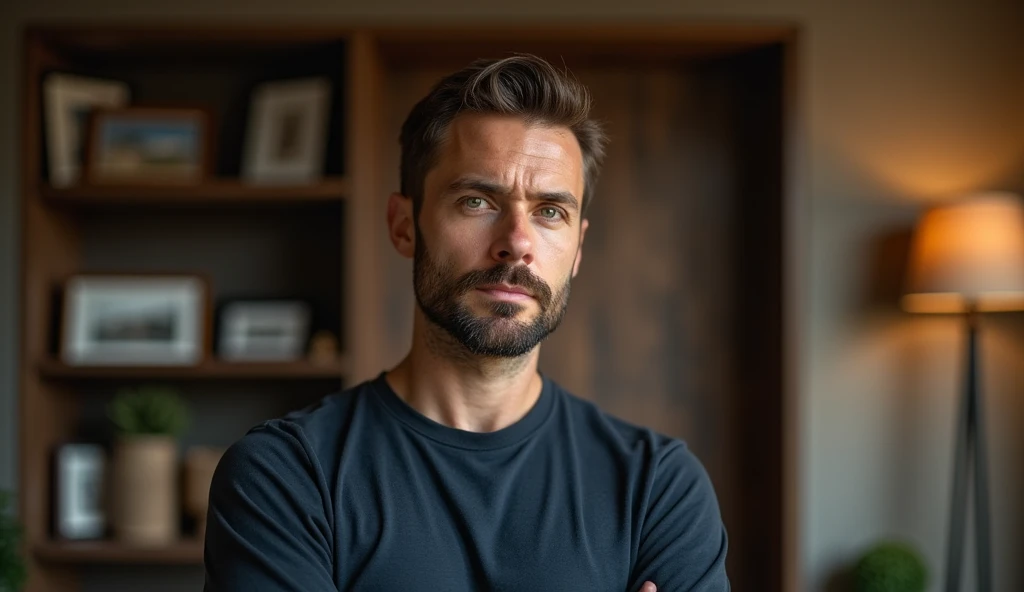An ultra-realistic portrait of a man in his 40s. He has brown hair, a neatly trimmed beard and green eyes that reflect determination and curiosity. His face is well defined and his expression suggests concentration. He is wearing a dark blue casual shirt. The man is in a home office, surrounded by bookshelves and family photos. He is standing sideways to the camera and facing a wall looking at a built-in safe and a board removed next to it. The environment should be visible, but blurred so as not to distract from the main subject. The lighting should be soft and diffused, with a warm light coming from above, creating subtle shadows that accentuate the man's expression of concentration. The light should highlight the green eyes and the texture of the skin, emphasizing the seriousness of the situation. The image should convey a sense of determination and curiosity, with a touch of mystery. Suggest a warm color palette, such as browns and golds, that complements the warm atmosphere of the office. The photo should be of high quality, with 8k rendering and extreme detail, maintaining the desired atmosphere and capturing the emotional essence of the moment.