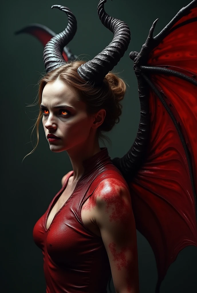 Emma Watson transforming into a demon, demon horns, black leotard, ((red skin, demon wings))