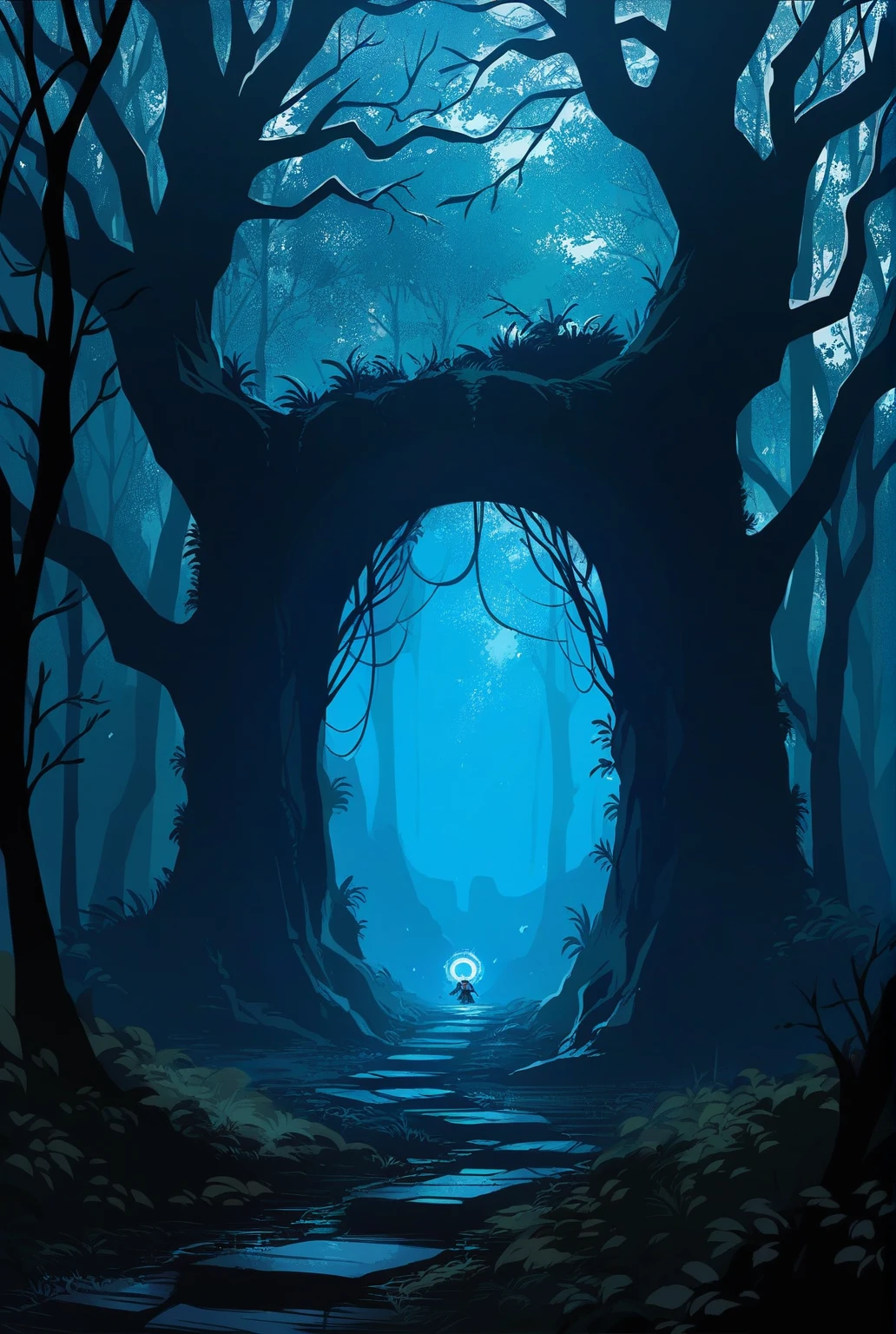 Add in small in the distance, Outside the portal a dark humanoid figure without identifying what it is or who it is.