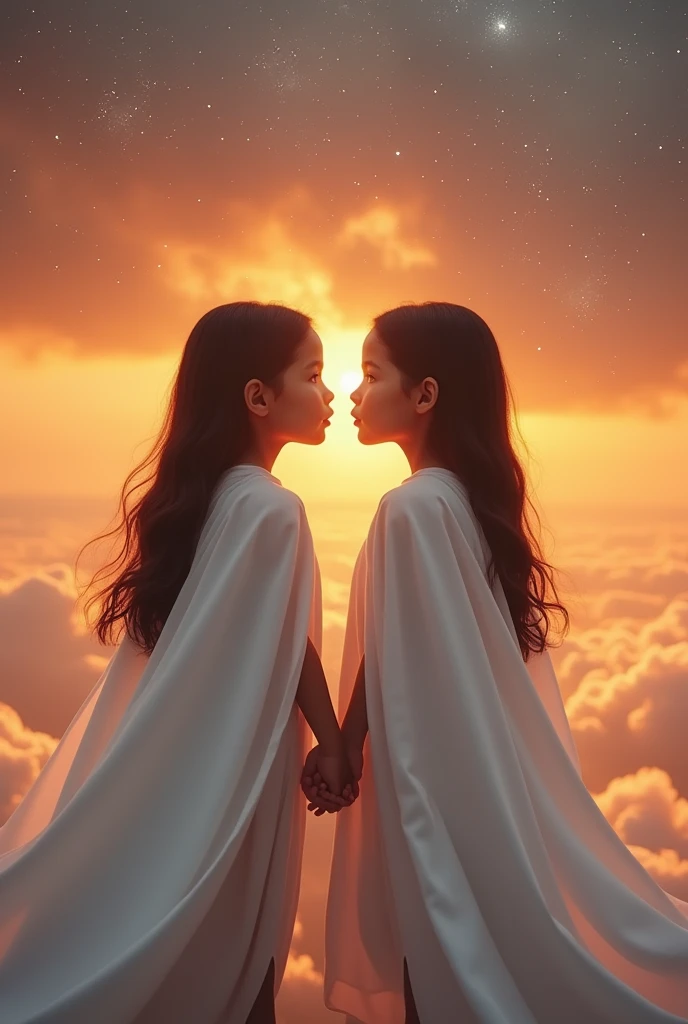 (masterpiece), (Highest quality), Realistic, RAW Photos, Realistic, Cinematic Light,Sunset、 Very beautiful twin  girls, Black hair and black hair, White Cape, Under the Gemini Stars 