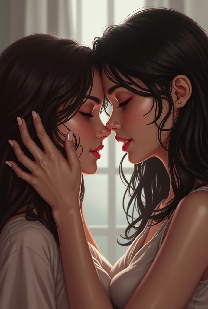 Two women with their faces pressed against each other.