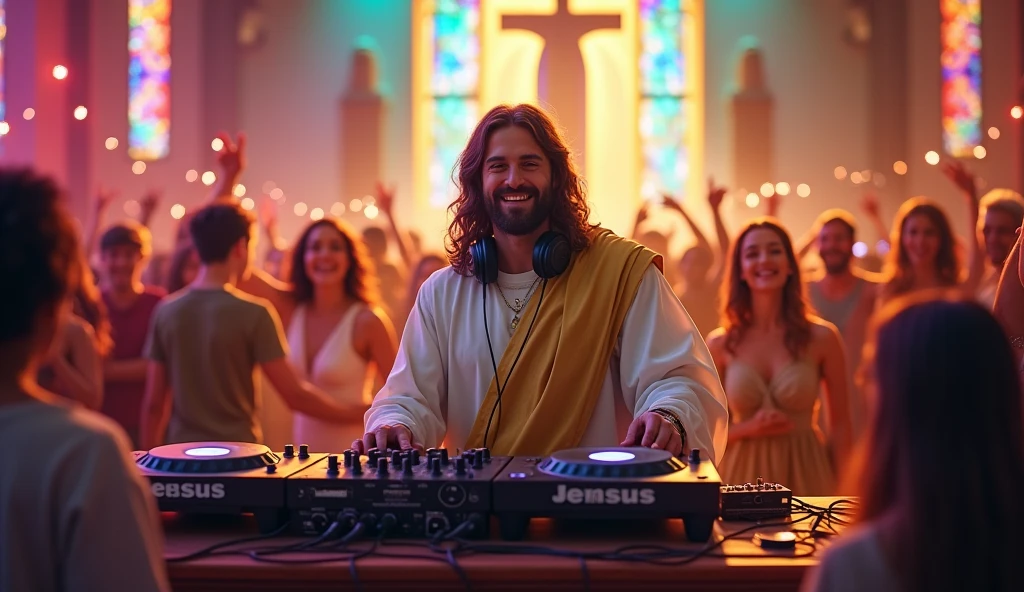 Jesus, depicted in a modern yet respectful way, is behind a DJ booth set up inside a beautifully decorated church. He’s wearing a white robe with a golden sash, but with a contemporary twist, such as a pair of stylish headphones around his neck. Jesus has a warm, joyful expression as he mixes uplifting tracks, filling the space with vibrant, positive energy. The church is illuminated with colorful lights that create a festive yet reverent atmosphere. Around Him, people of all ages are dancing joyfully, celebrating life and unity. The stained glass windows glow with the light from inside, adding a divine ambiance to the party, blending the sacred with the joyful spirit of the celebration