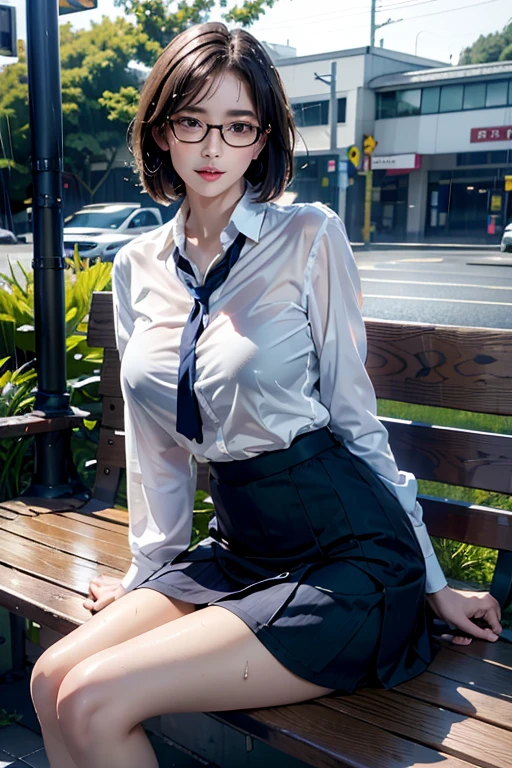 Realistic, High resolution, 1 female, Mature Woman, alone, Hip Up, Viewer Display, (Detailed face), (Short Bob)、(Glasses)、school uniform, mini skirt、Tight waist、Ample breasts、(Bare legs)、Sit on a bench、(Blouse wet in the rain)、(Girl in the rain)、bus stop、Rain、Dark Sky、(Dark Background)、(Navy Socks)
