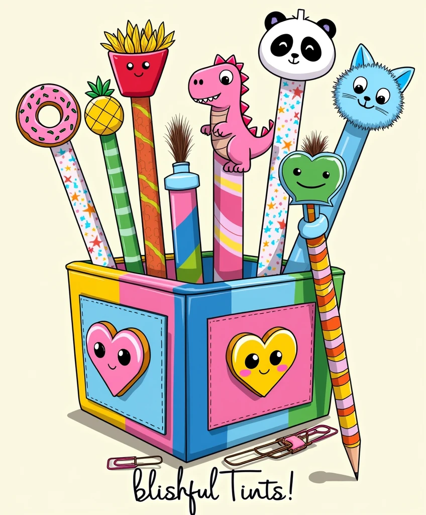 "Create a detailed cartoon-style illustration with fine, delicate strokes, aimed at female and teenage audiences. The artwork must represent a colored cubic pencil holder, with three visible sides. Each side of the pencil holder should be divided into vertical blocks with the colors yellow, blue and pink, and contain a 3D heart with a smiley face, olhos grandes e brilhantes, rosy cheeks, and a small black nose.

Inside the pencil holder, Add a variety of pens and pencils with fun decorative tops, SOM:

A pink donut with frosting and colorful sprinkles.
A red bag of chips with eyes and a smile.
A pink dinosaur with white outlines.
Um coração verde de cacto com um sorriso e rosy cheeks.
A panda with a cute expression and big, bright eyes.
A blue pompom with blue cat ears and a happy face.
Um pincel com cabo colorido em blue and pink, and realistic brown bristles.
Also include paper clips positioned underneath the pencil holder.: a pink clip with a smiling pineapple ornament and a blue clip with a smiling orange ornament.

Below the pencil holder, adicione o texto 'Blissful Tints!!&#39; in a light and fun handwritten font, In the black color.

Use a vibrant, saturated color palette, with soft shadows to give slight depth to the elements. Make sure the illustration has a high school, summer vibe, transmitting fun and creativity. The artwork must be suitable for shirt printing, maintaining an organic distribution and avoiding rigid rectangular shapes." ((Squishmallows must appear somehow interacting interactively with the illustration))