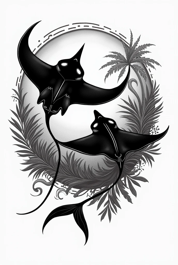 A t-shirt design of Two Manta ray
Black and white image. 
The design must come with Indonesia Bali theme 
