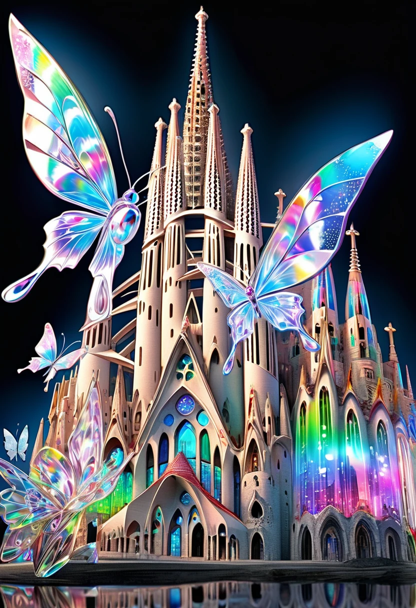 3D drawing art, fantasy world, everything is carved from pearl platinum crystal, buildings like Sagrada Familia, stained glass iridescent butterflies flying, cities, transparent, (ultra detailed, absolutely resolution, best quality:1.3), 2.5D, delicate and dynamic effects, iridescent lighting effects, artistic photography, hyper realistic