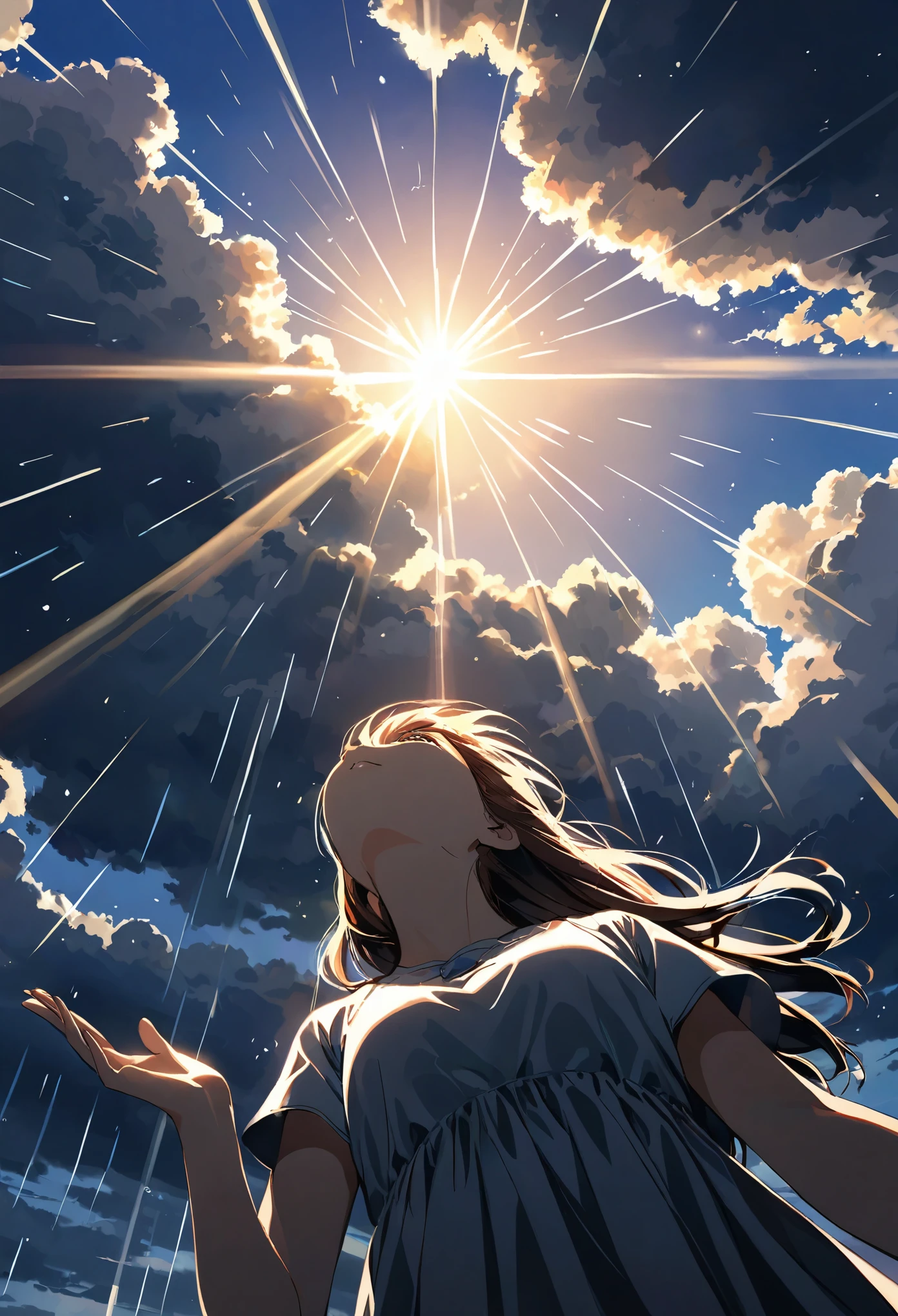 A girl looking up at the sky and raising one hand to the sky、The sunshine shining through the dark clouds after a heavy rain、Hope is the theme、Composition looking up from below