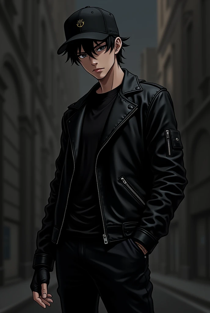Anime black leather jacket black t-shirt black hand glove black cap black cool pant its boy