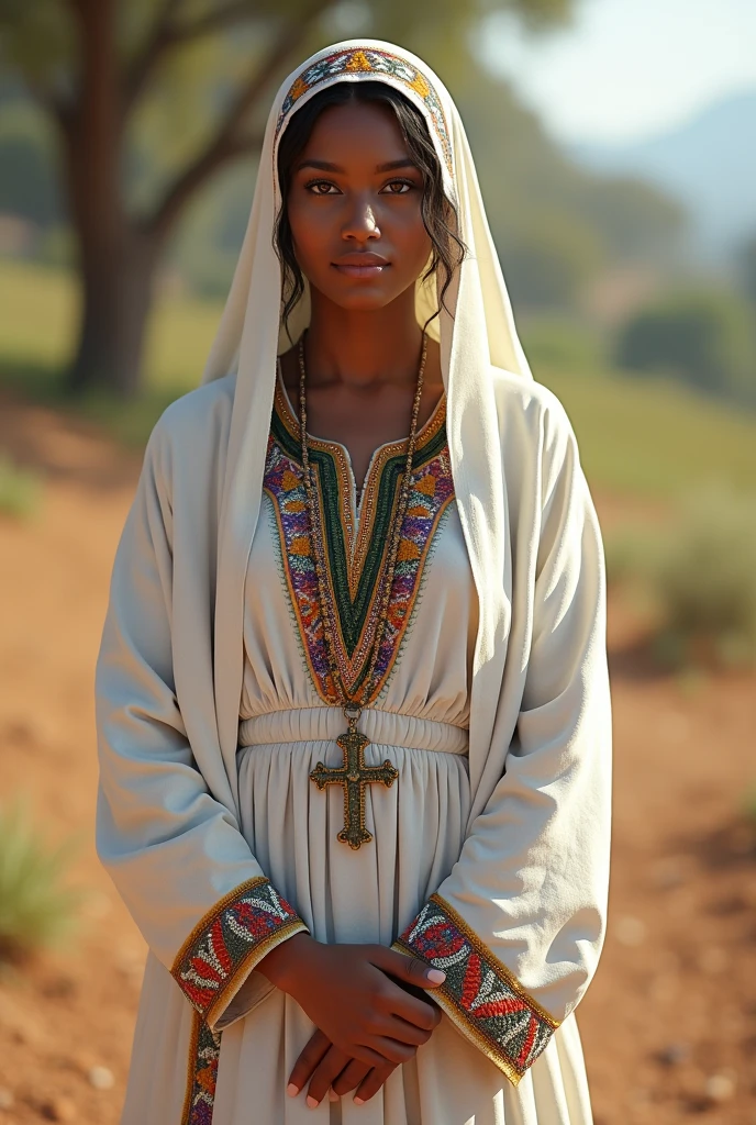 Create a photorealistic image of an Ethiopian woman wearing a traditional Habesha kemis. The dress should be ankle-length, made of white cotton fabric with intricate, colorful embroidery around the neck, wrists, and hem. Include a matching shawl draped over her shoulders. The setting should be natural with good lighting. The dress has Ethiopian Orthodox cross.