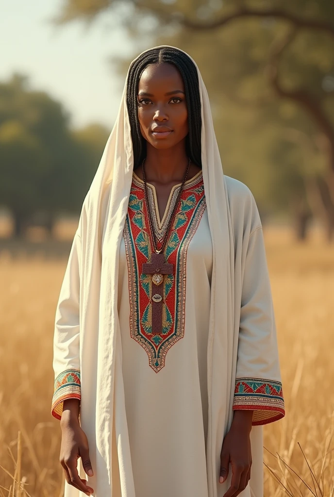 Create a photorealistic image of an Ethiopian woman wearing a traditional Habesha kemis. The dress should be ankle-length, made of white cotton fabric with intricate, colorful embroidery around the neck, wrists, and hem. Include a matching shawl draped over her shoulders. The setting should be natural with good lighting. The dress has Ethiopian Orthodox cross.