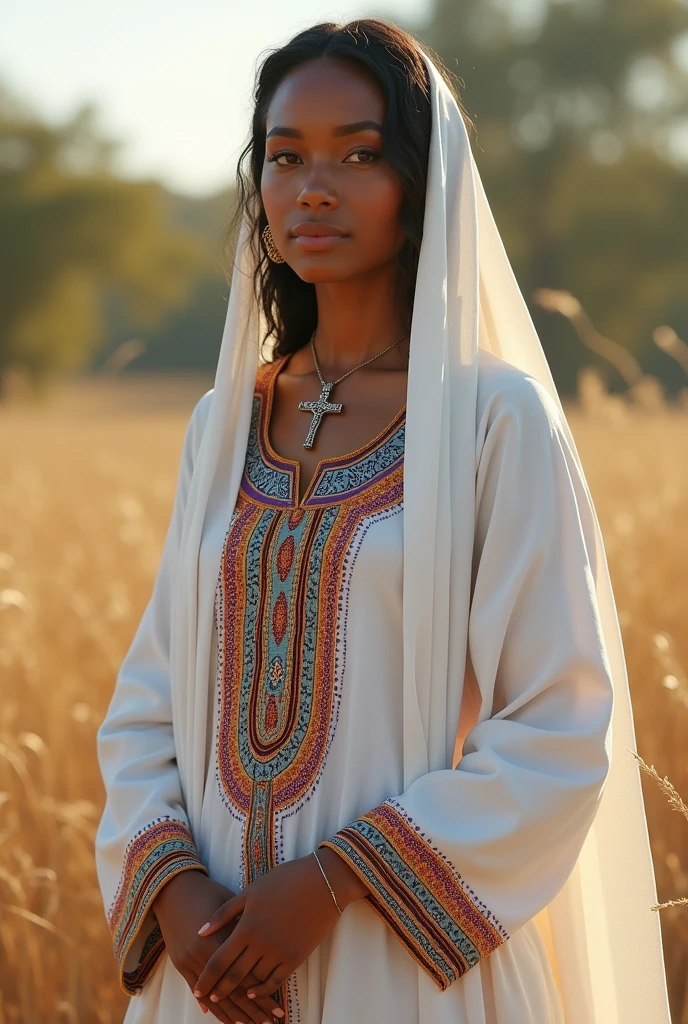 Create a photorealistic image of an Ethiopian woman wearing a traditional Habesha kemis. The dress should be ankle-length, made of white cotton fabric with intricate, colorful embroidery around the neck, wrists, and hem. Include a matching shawl draped over her shoulders. The setting should be natural with good lighting. The dress has Ethiopian Orthodox cross.