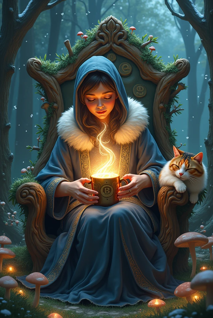 Studio Ghibli style, vibrant colors, close-up of a beautiful sorceress's hands holding a mug overflowing with swirls, luminescent mist. She wears a wizard's cloak richly embroidered with fur trim, sitting on a throne carved from a living tree that glows with runes. A calico cat sleeps peacefully on his head, mushrooms all around, snowflakes falling on his forest abode, a sense of powerful yet gentle magic.